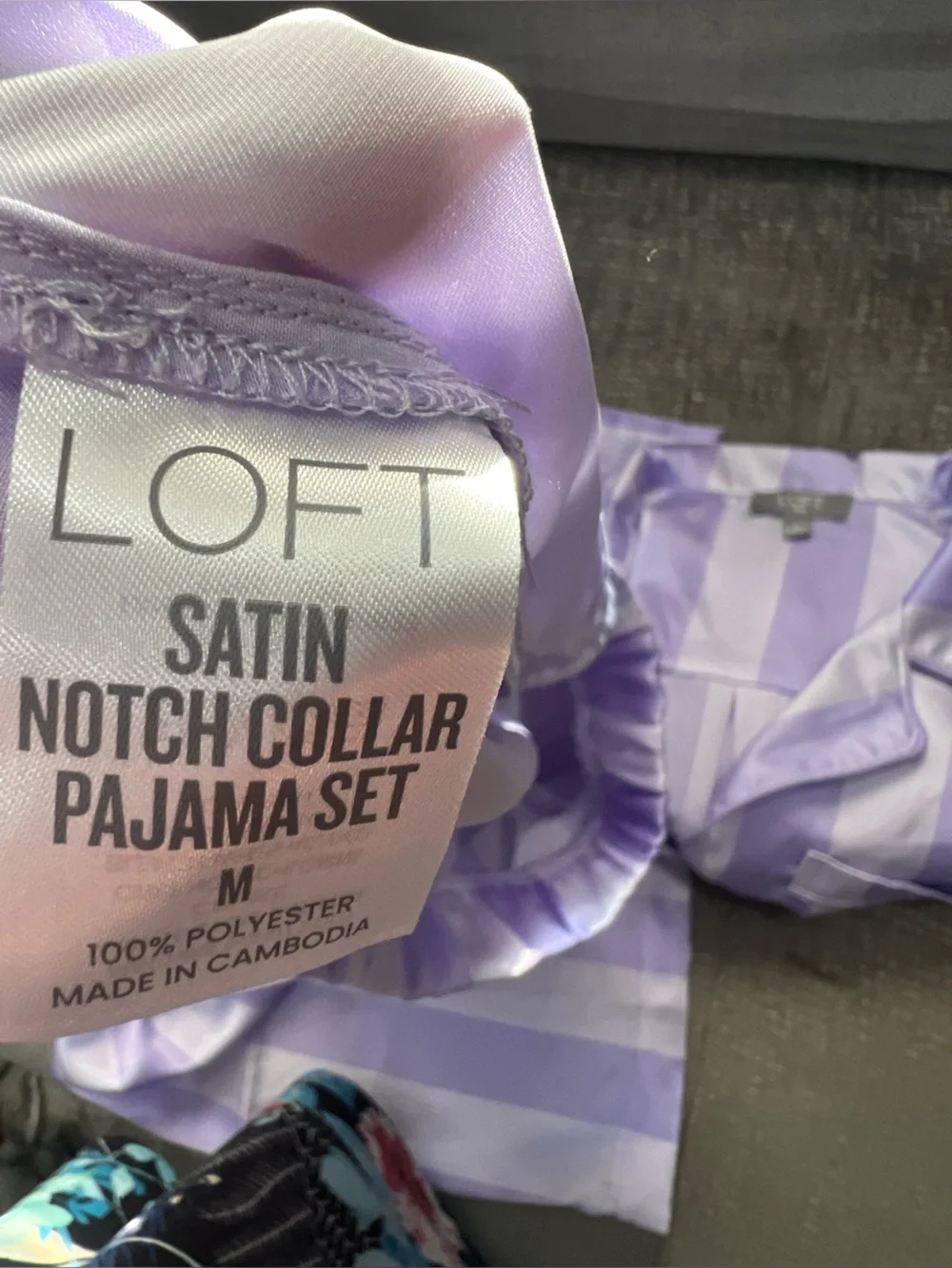 LOFT Satin Notch Collar Purple Striped Pajama Set k31